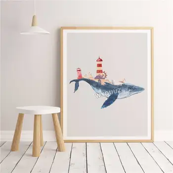 Jūrinis Švyturys Tapybos Bangininis Ryklys Gyvūnų Menas Spausdinti Šiaurės šalių Vaikų, Kūdikių, Vaikų, Miegamojo Dekoravimo, plakatai, drobė, tapyba 43041