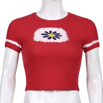 Kaklaraištis Dažų Briaunoti Kawaii Spausdinti Raudona Y2K T-Marškinėliai Su trumpomis Rankovėmis 2021 Mados Moterų Harajuku Vasarą Pasėlių Viršuje Mergaitėms Mėlyna Tees