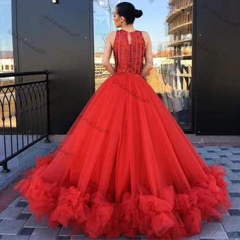 Karšta Raudona Tiulio Kamuolys Prom Dresses Šviečia China Berankovis O Kaklo Pakopų Rankovių Vestido De Fiesta Chalatas De Soiree 17261