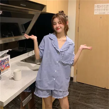Kawaii Pledas Pynimas Single-Breasted Šortai Pižama Komplektas Studentams Moterų Korėjos Prarasti Vasaros Sleepwear Kišenės Paprasta Pijama