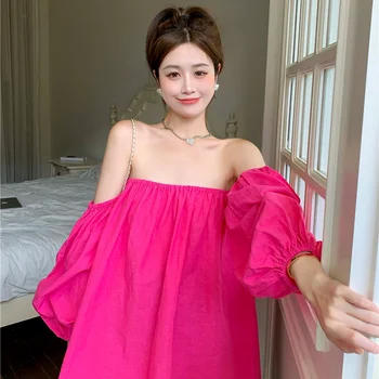 Korejepo Moterų Marškinėliai 2021 M. Vasarą Naujų korėjos Elegantiškos Retro Saldus Rožių Raudona Velniop Kaklo Žibintų Rankovės Prarasti Moterų Viršūnių ilgomis rankovėmis