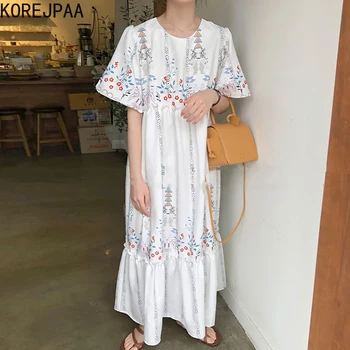Korejpaa Moterų Suknelė 2021 M. Vasarą Korėjos Elegantiškos Retro Stiliaus Rūmai Round Kaklo Print Mediniai Ausies Susiuvimo Prarasti Sluoksniuotos Rankovėmis Vestidos 77514