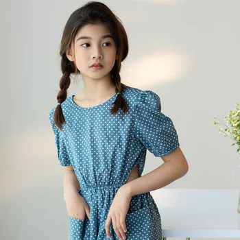 Korėjiečių Mergaitės 2021 M. Vasarą Naujų Žibintų Sleeve Blue Dot Aikštėje Apykaklės, Kišenės Vaikai Medvilnės Suknelė Paauglių Vaikų Drabužiai,#6173 181044