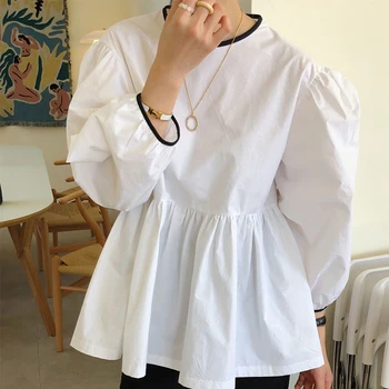 Korėjos Stiliaus Kawaii Mielas Raišteliu Sluoksniuotos Rankovėmis Viršūnes Moterų Prarasti Juoda Balta Vintage Marškinėliai Ponios Mujer 28271