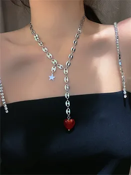 Kshmir Retro naujas metalo aukso raudona širdies pakabukas karoliai moteris banga raktikaulis megztinis grandinės, papuošalai, dovanos, didmeninė 2021 84964