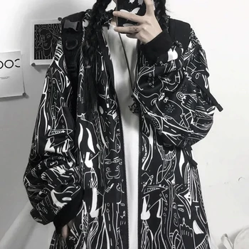 Laisvas Hip-Hop Palaidinukė Punk striukė drabužius bliuzono derliaus Kawaii Harajuku Streetwear Megztinis su užtrauktuku grafiti spausdinti palaidinukė