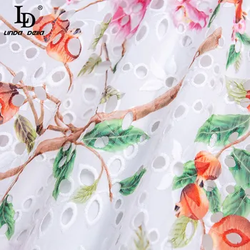 LD LINDA DELLA 2021 m. Vasarą kilimo ir tūpimo Tako Elegantiškas Balti Tuščiaviduriai Iš Siuvinėjimo Suknelė Moterų Mados Žibintų Rankovės Gėlių spausdinti Vidurio Suknelė