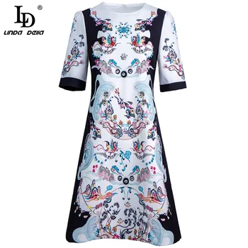 LD LINDA DELLA 2021 Mados Dizaineris Vasaros Vintage Suknelė Moterims trumpomis Rankovėmis Puošnus Gėlių Spausdinti Duobute Elegantiška Mini Suknelė 31351