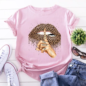 Leopard Lūpų Spausdinti Marškinėliai Moterims trumpomis Rankovėmis Drabužius Moterims, Juoda T-shirt Atsitiktinis Ponios Viršūnes, Vasaros, Nauja