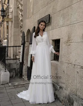 LORIE arabų Vestuvių Suknelės V-Kaklo Lace A-Line Wedding Šifono Suknelė ilgomis Rankovėmis, Baltos spalvos Dramblio kaulo Užsakymą Šalis Nuotakos Suknelė 2021 15460
