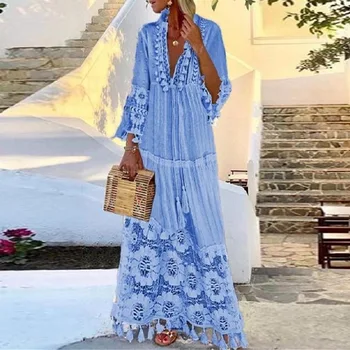 Lugentolo Boho Suknelė Moterims Vasaros Mados Nėriniai Kutas Susiuvimo Plus Size Long Sleeve V-Kaklo Maxi Suknelė Moterims 101959