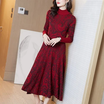 LUKAXSIKAX 2020 Nauja Rudens Žiemos Pusė Moterų Golfo Megzti Ilga Suknelė Aukštos Kokybės Elegantiškas Vintage Megztinis Suknelė 15763