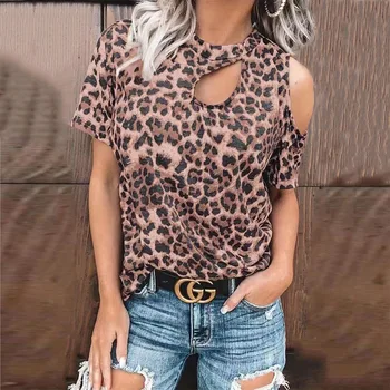 Mados Išpjovą Leopardas Spausdinti trumpomis Rankovėmis T-shirt Moterims, 2021 M. Vasaros Viršūnes Plius Dydis Atsitiktinis Palaidų Seksualus Off Peties Moterų Tshirts 142743