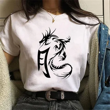 Maycaur Mados Kinų Simbolių Dragon Spausdinti Marškinėliai Moterims Atsitiktinis Plius Dydžio Marškinėlius Femme Streetwear Vasaros Viršūnes Tee Marškinėliai 113871