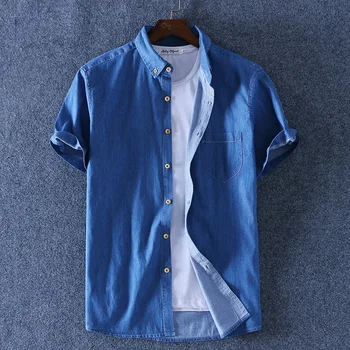 Medvilnės vyrų vasaros plonas džinsinis trumpas rankovėmis marškiniai klasikinis prekės ženklas madinga vyrų mados aukštos kokybės mėlynos spalvos marškinėliai šviesiai mėlyni 114691