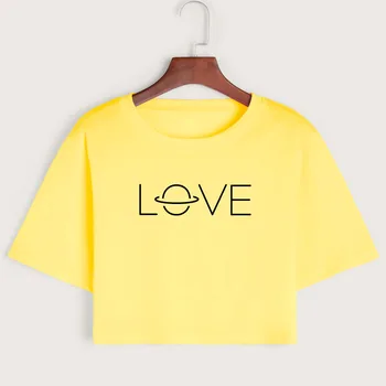 Meilė Spausdinti Mielas Moterų Pasėlių Marškinėliai Apkarpytos T-Shirt, Derliaus Viršuje Tee Vasaros trumpomis Rankovėmis vatos Pagaliukai Moterų, Mergaičių, Grafinis T-Shirts 152172