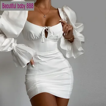 Meqeiss Naujas Baltas Kaklaraištis Priekyje Mini Suknelės Bodycon Šalies Klubas Sluoksniuotos Rankovėmis Elegantiška Suknelė Moterims Rudenį 2020 Gimtadienio Sundresses 3902