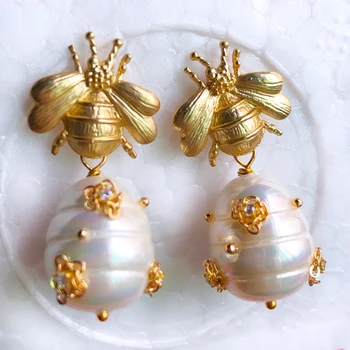 Missvikki Kilnus Madinga Vintage aukso natūralių perlų Pakabukas Auskarai Moterims Mergina Jaunavedžių Vestuves Rodo, Auskarai Papuošalai 136614