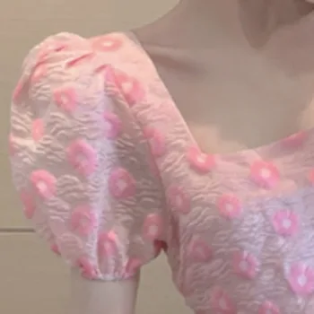 Moteriški Drabužiai Vasaros 2021 Mados Naujų Kvadratinių Kaklo Sluoksniuotos Rankovėmis Lėlės Suknelė Saldus Temperamentas Pink Gėlių Spausdinti Šifono Suknelės
