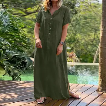 Moteriški Vasaros Padalinta Sundress ZANZEA 2021 Elegantiškas Marškinėliai Suknelė Atsitiktinis Trumpas Rankovės Maxi Vestidos Moterų Mygtuką, Chalatas, Negabaritinių