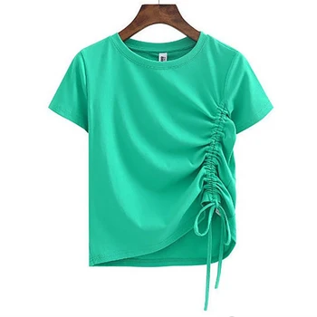 Moterys, O-Kaklo Viršūnes 2021 M. Vasarą Naujas Trumpas Rankovėmis marškinėliai Moteriška korėjos Stiliaus Kietas Lankas Medvilnės Slim Tees Raišteliu Trumpą T Shirts