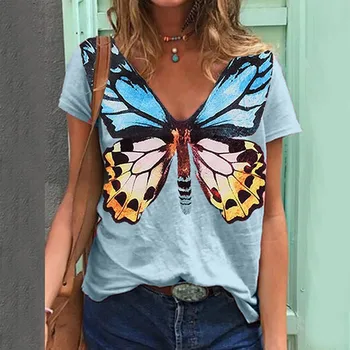 Moterys Vasarą Butterfly Marškinėliai Harajuku Mados Vabzdžių, Gyvūnų Spausdinti Plus Size V-Kaklo Trumpomis Rankovėmis Viršūnes 47002