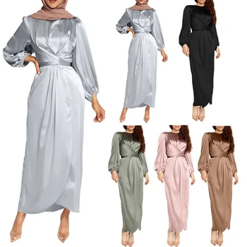 Moterų Arabų Musulmonų Satino Sluoksniuotos Ilgomis Rankovėmis Maxi Suknelė Vientisa Spalva Cross Wrap Priekiniai Savarankiškai Kaklaraištis Juosmens Abaja Dubajus Turkija Hijab