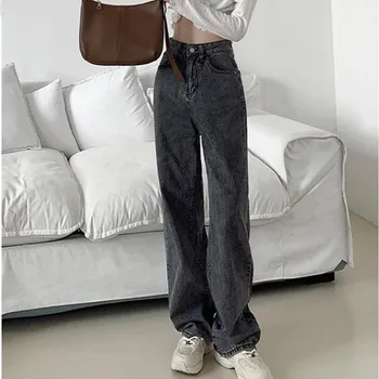 Moterų Kelnės Atsitiktinis Visas rungtynes, Tiesiai Aukšto Juosmens Džinsai korėjos Mados Streetwear Derliaus Slim Kasdien jean plati Plati Koja Kelnės 146416