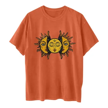 Moterų marškinėliai Derliaus Vasarą Saulė Ir Mėnulis spausdintą Modelio plius dydžio Apelsinų Atsitiktinis Trumpas Rankovės Topsoversized marškinėliai футболка 78855