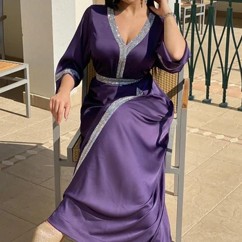 Moterų Maxi Suknelė Elegantiškas Satino Arabų Jalabiya Dubajus Caftan Abaja Šalis V Kaklo Visą Rankovėmis Arabų Indie Drabužius Marokas Eid 111887