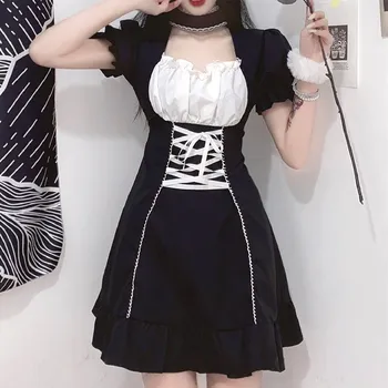 Moterų Suknelė Tamsiai Gothic Punk Harajuku Lolita Dress Šalies Kvadratinių Kaklo Sluoksniuotos Rankovėmis Vasarą Streetwear Kawaii Tarnaitė Suknelė Cosplay