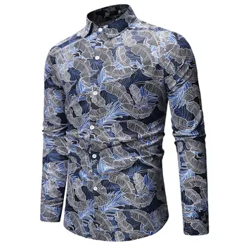 Mėlyna Lapų Spausdinimo Suknelė Marškinėliai Vyrams 2021 Nauja Slim Fit Long Sleeve Havajų Shirt Mens Mygtuką Šalies Marškinėliai Atostogų 5680