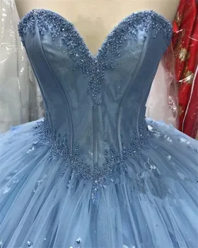 Mėlyna Saldus 16 Quinceanera Suknelės 2021 Kamuolys Suknelė 3D Gėlės Plus Size 