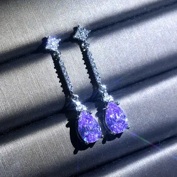 Nauja Moteriška Violetinė Cirkonis 925 Sterlingas Sidabro Vandens Lašas Auskarai Elegantiškas Ilgas Kutas Dangler Earing Vestuvių Nuotakos Fine Jewelry 109588