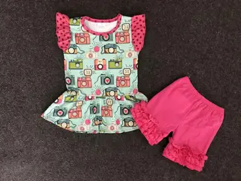 Naujas atvykimo fotoaparato komplektus kūdikių mergaičių mielas animacinių filmų marškinėliai+raudona medvilnė šortai 2 vnt. rinkinys vaikams boutique vaikų drabužių gxj 165291