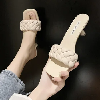 Naujas Dizainas Ponios Dirbtinis PU Šlepetės Moterų Elegantiškas Vasarą Šlepetės Plonas Aukštakulnius Sandalus S6105
