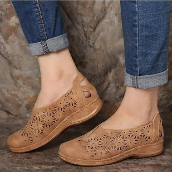 Naujas Moters Odos Vintage Sandalai Moteriška Tuščiaviduriai Iš Pleištai Platforma Batai Plius Dydis Moterų Vasarą užsivilkti Šviesą Mokasinai Sandalai