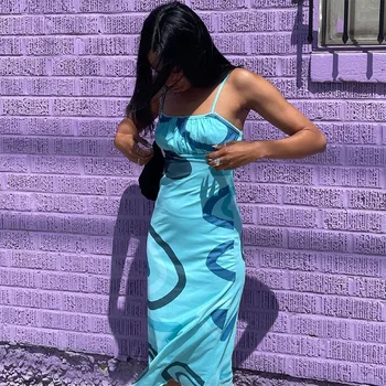 Paisley Spausdinti Ilga Suknelė Moterims Vasaros 2021 Elegantiškas Spageti Dirželis Rankovių Bodycon Derliaus Suknelės Moteriška Šalis Suknelė Y2K