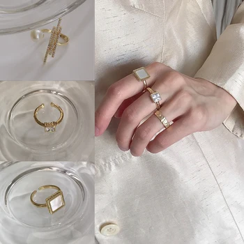 Paprasta Derliaus Auksą, Padengtą Aikštėje Shell Geometrinis Atidaryti Žiedai Moterims Mergina Rodomojo Piršto Žiedą Temperamentas Perlų Žiedas Priedai
