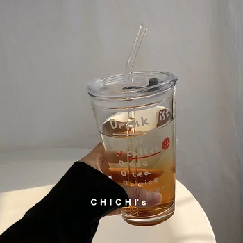 Paprastas laiškas stiklo puodelis kavos pusryčiai vandens puodelis padengtas šiaudai Šiaudai su dangteliu daugkartinio naudojimo 6493