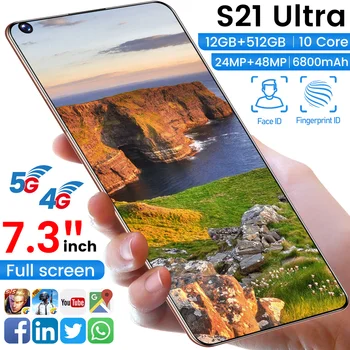 Pasaulinė Versija 7.3 Colių S21Utra Smartphonach Visą Ekraną 8G 256 GB 24MP+48MP Atrakinta Android10 Dual SIM Deka Core Mobilusis Telefonas 13099