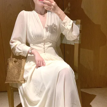 Pavasarį, Vasarą, Rudenį saldus Šifono Akių Prarasti V-kaklo Moteriški Balti Midi Suknelė ilgomis rankovėmis elegantiškas Vestuvių moterų Suknelės, Šaliai 4428