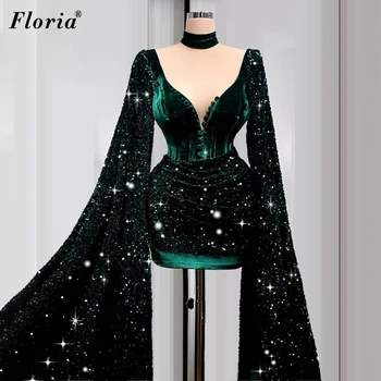 Plius Dydžio Tamsiai Žalios Spalvos Garsenybių Suknelės 2021 Naujas Mados Dubajus Kokteilių Suknelės Ilgomis Rankovėmis Keltas Suknelės Moterims Šalis Rūbeliai