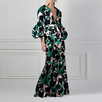 Plus Size 2019 Moterų Suknelė Vintage Elegantiškas Šalis Suknelės Atsitiktinis Ilgomis Rankovėmis Spausdinti Maxi Suknelė 94676