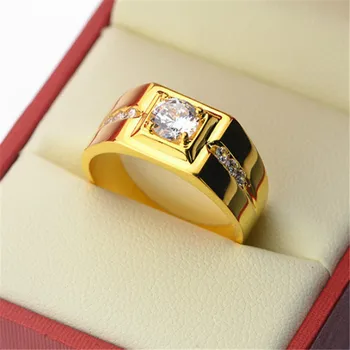 Prabanga 24K Aukso Žiedas Vyrams Džentelmenas Diamond Cirkonis Dalyvavimas Vestuves Žiedas, Geltonos Aukso Piršto Žiedai