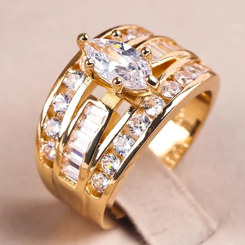 Prabangus Trijų Sluoksnių Užpildyti Baltas Cirkonis Kristalų Vestuviniai Žiedai, Moterų, Prabangos Aukso Spalvos Sužadėtuvių Žiedai Bižuterijos 53162
