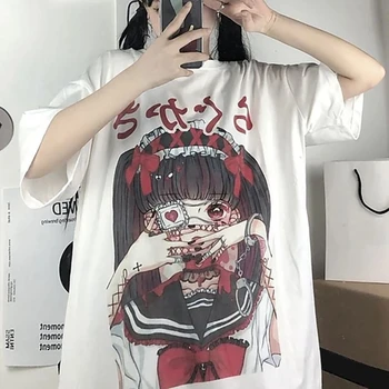 QWEEK Gotikos Marškinėliai Anime Harajuku Estetinės Moterų Drabužių Vasarą E Mergina Trumpas Rankovės marškinėliai Moterims 2021 Baltos Viršūnės Moteris 64401