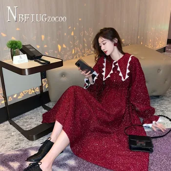 Raudona Spalva Korėjos Moterų Suknelė Plonas Ilgas Stiliaus Moterų Suknelės 66458