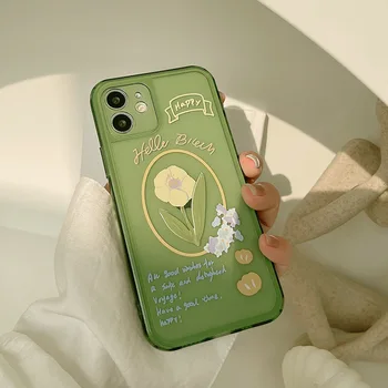 Retro Saldus Geltonos gėlės Želė žalia aišku korėjos Telefono dėklas Skirtas iPhone 11 12 Pro Max Xr Xs Max 7 8 Plius 7Plus atveju Mielas Dangtis 52492