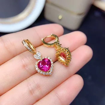 Rubellite Romantiškas Širdies Vestuviniai Papuošalai 3pc/set Moterų Aukso Žiedus su deimantais Auskarai su Karoliai&pakabukas Prabangių Fine Jewelry